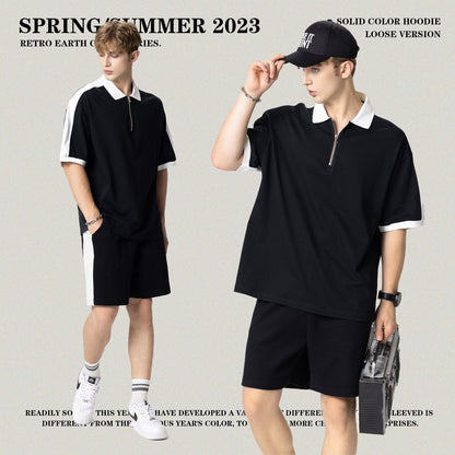 Half-Zip Lapel Tee&Waffle Knit Shorts